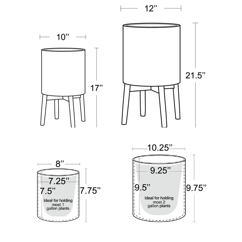 Aspire Asbella Mid Century Modern Indoor Metal Pot Planter 4-Leg Wood Base - Set