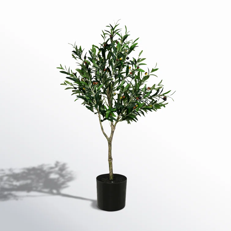 Vickerman Artificial Green Olive Tree in Black Planters Pot.