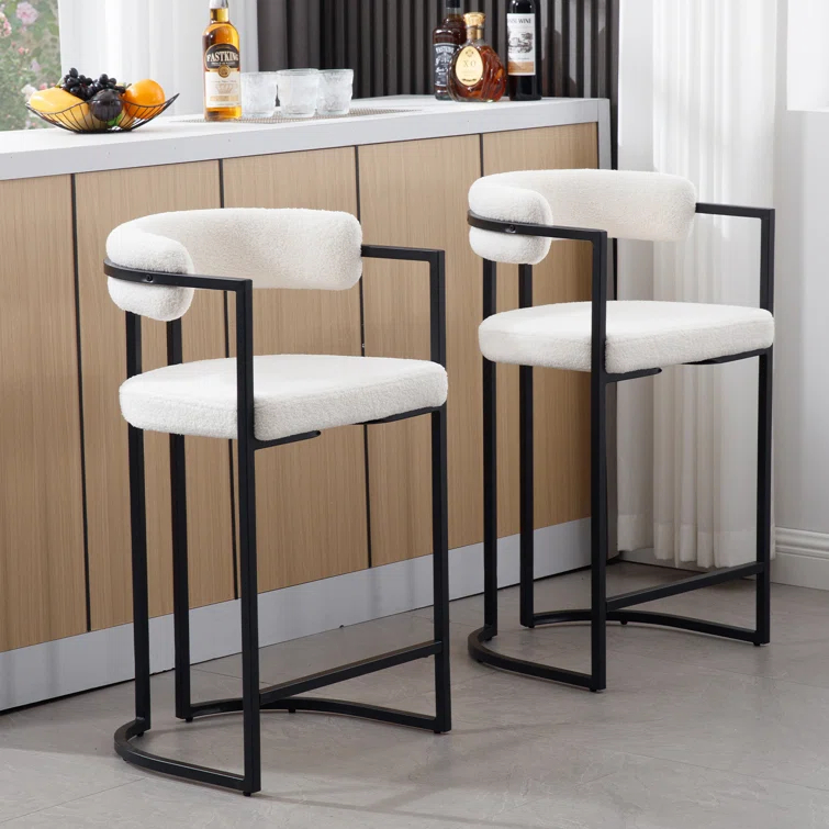 Ivy Bronx Modern Upholstered Hollow Bar Stool With Armrests And Footrests, Barrel High Stools (Set of 2)