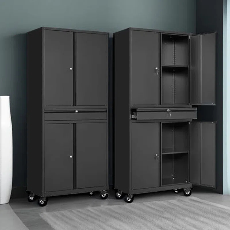 17 Stories Wheeling Garage Storage Cabinet, Rolling Tool Cabinet with 4 Door Lock-Adjustable Shelves and 1 Drawer for Garage Utility Room (Black)