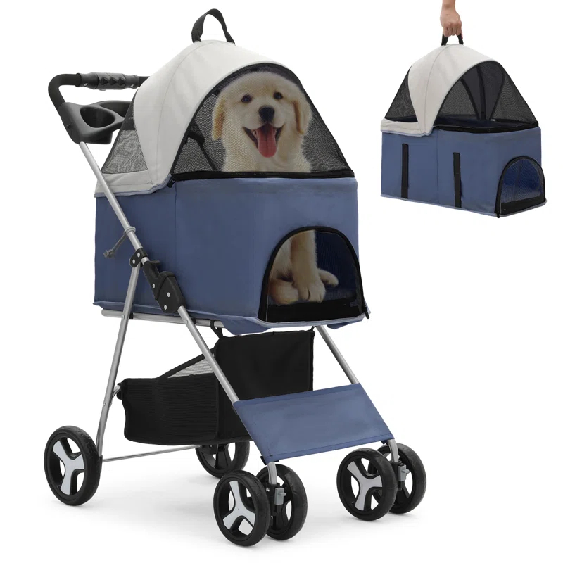 Folding Pet Stroller, Foldable Dog Jogger Stroller with Detachable Carrier, Basket and Cup Holder