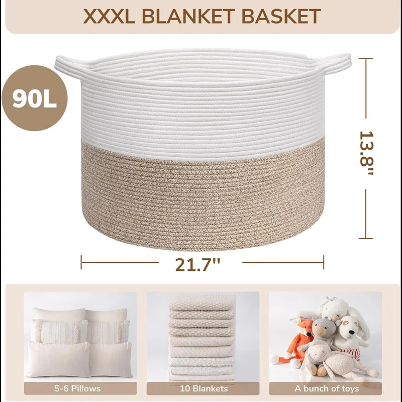 Beachcrest Home™ Extra Large Woven Baskets For Storage, 21.7'' X 13.8'' Wicker Basket With Handle For Blankets, Big Laundry Baskets For Clothes, Pillows, Towel, Shoe Basket For Entryway, 90L Jute