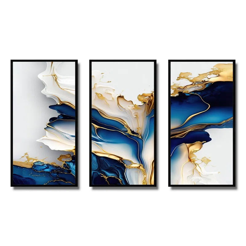 Design Art " Abstract Geode Gold And Blue Marble Shape III " 3 - Pieces