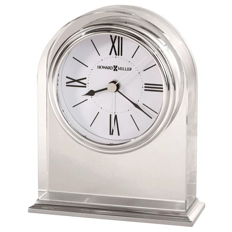 Howard Miller® Optica Modern & Contemporary Roman Numeral Crystal Quartz Movement / Crystal Tabletop Clock with Alarm in Brushed And Polished Aluminum Base/Polished Silver-Tone Waterfall Bezel
