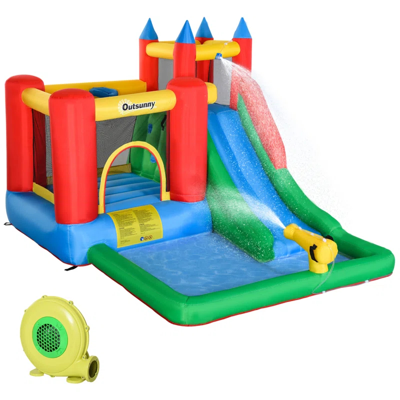 GZMWON Outsunny 6-In-1 Kids Bounce House Inflatable Water Slide With Pool, Water Cannon, Climbing Wall, Inflator Included, Jumping Castle Kids Backyard Activity Outdoor Water Play Toy