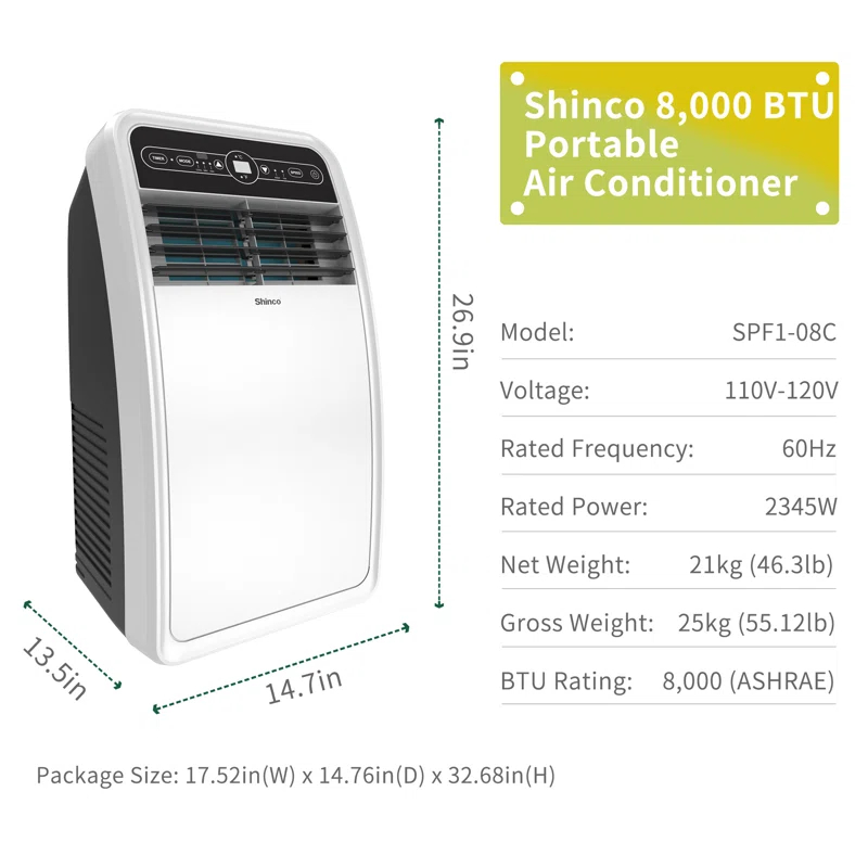 Shinco 8,000 BTU(ASHRAE) Portable Air Conditioner with Remote