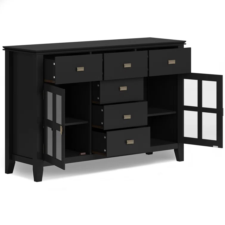 Simpli Home Artisan 54"W Solid Wood Sideboard Buffet with Tempered Glass Doors and 6 Drawers