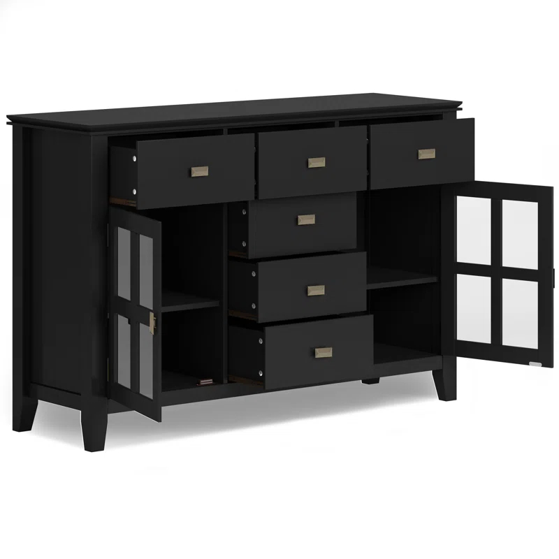 Simpli Home Artisan 54"W Solid Wood Sideboard Buffet with Tempered Glass Doors and 6 Drawers
