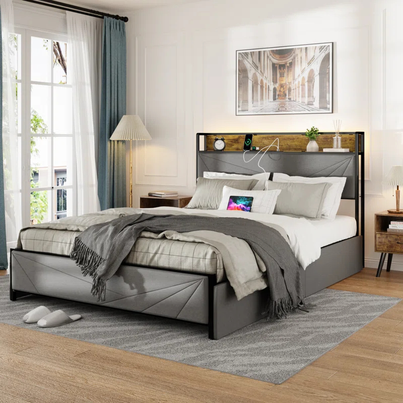 Full Size Bed Frame With 4 Storage Drawers And 2 USB Ports, Upholstered Platform Bed Frame With Storage Headboard Charging Station And Metal Slat Support, No Box Spring Needed, Dark Grey