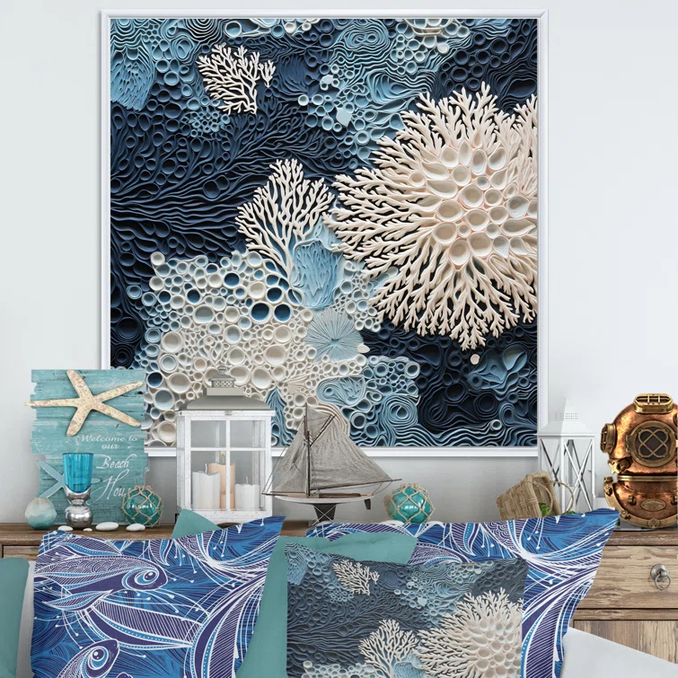 Design Art Under Water Blue And White Corals Collage - Nautical Wall Art Prints, Coastal canvas print