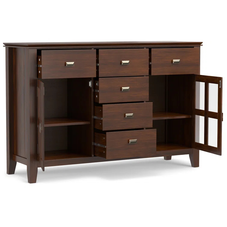 Simpli Home Artisan 54"W Solid Wood Sideboard Buffet with Tempered Glass Doors and 6 Drawers