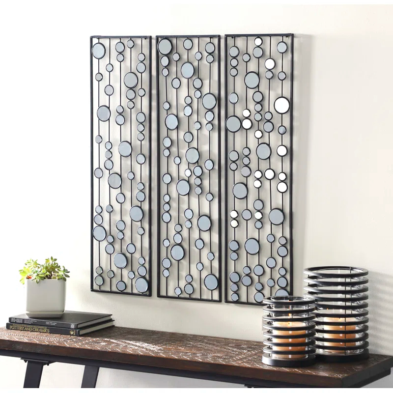 Mercer41 Metal Geometric Black Wall Decor with Round Mirror Accents Set