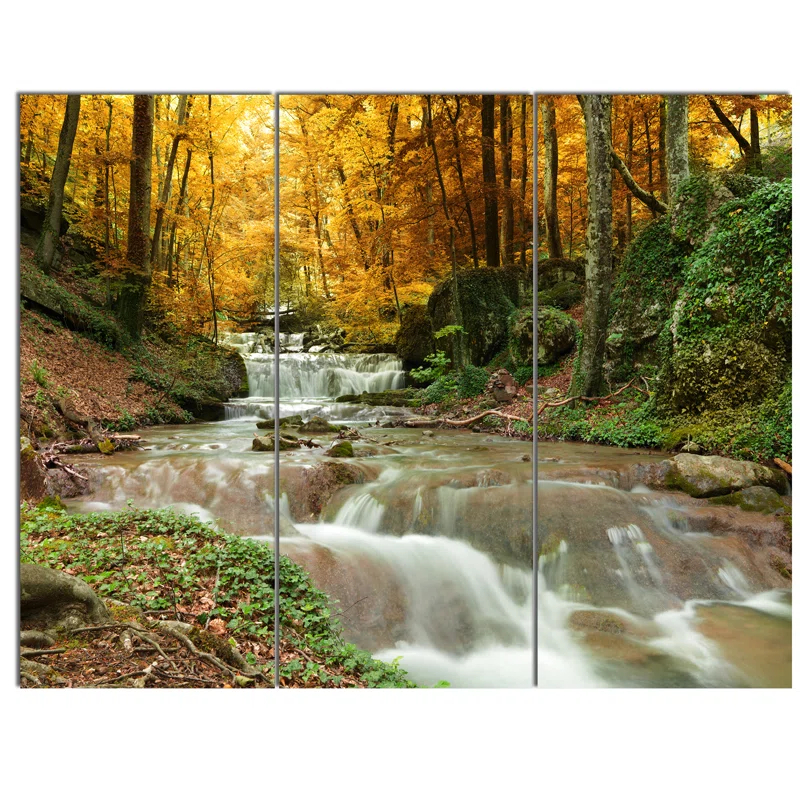 Design Art " Forest Waterfall With Yellow Trees " 3 - Pieces