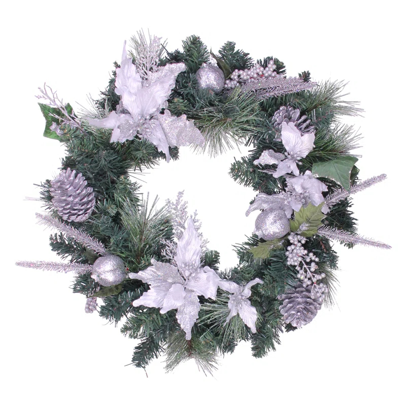 Northlight Seasonal White Poinsettia and Pine Cone Artificial Christmas Wreath - 24-Inch Unlit