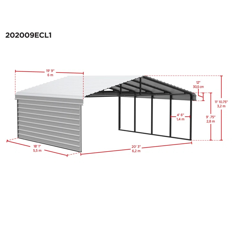 Arrow Arrow Steel Carport with 1 Side Wall Kit, 20x20x09