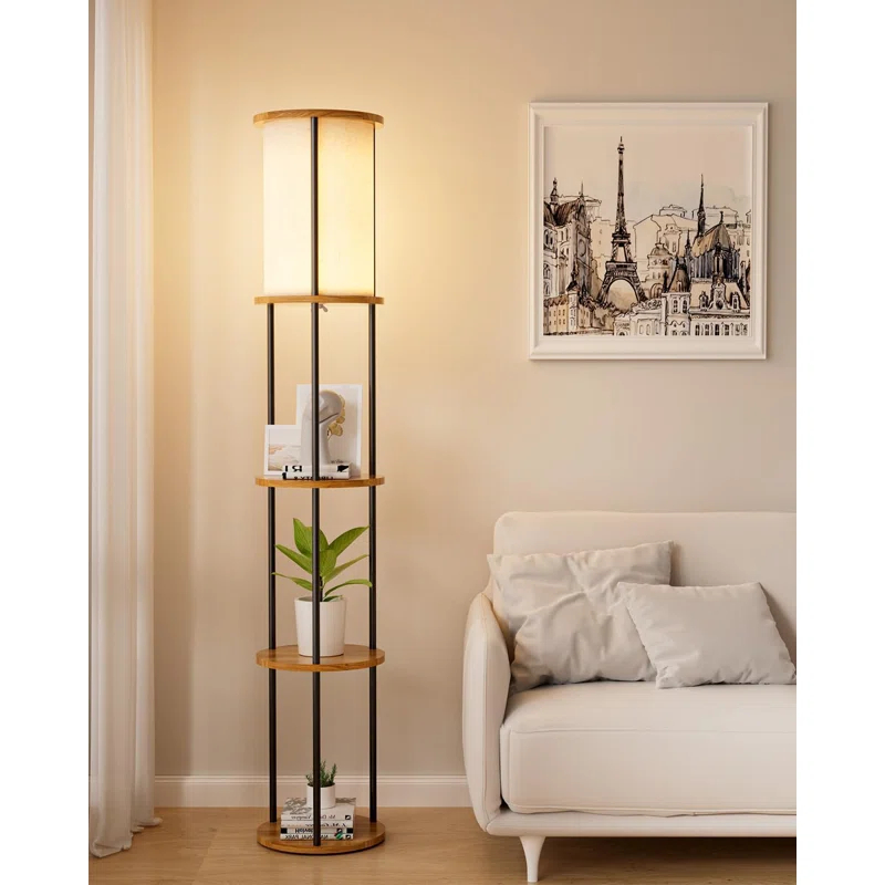 17 Stories Lightdot 61IN 3-Tier Shelf Floor Lamp With E26 Bulb Included, Black Standing Lamp For Living Room, Bedroom, Sofa Corner - Sturdy Wood Design With Fabric Lampshade