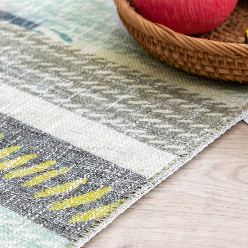 NELE Machine Washable Modern Lattice Area Rug Yellow/Blue Multi