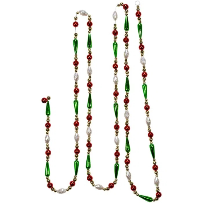 Kurt Adler Kurt Adler Gold, Red, Green and White Round Bead with Water Drop Beaded Garland, 9 Ft