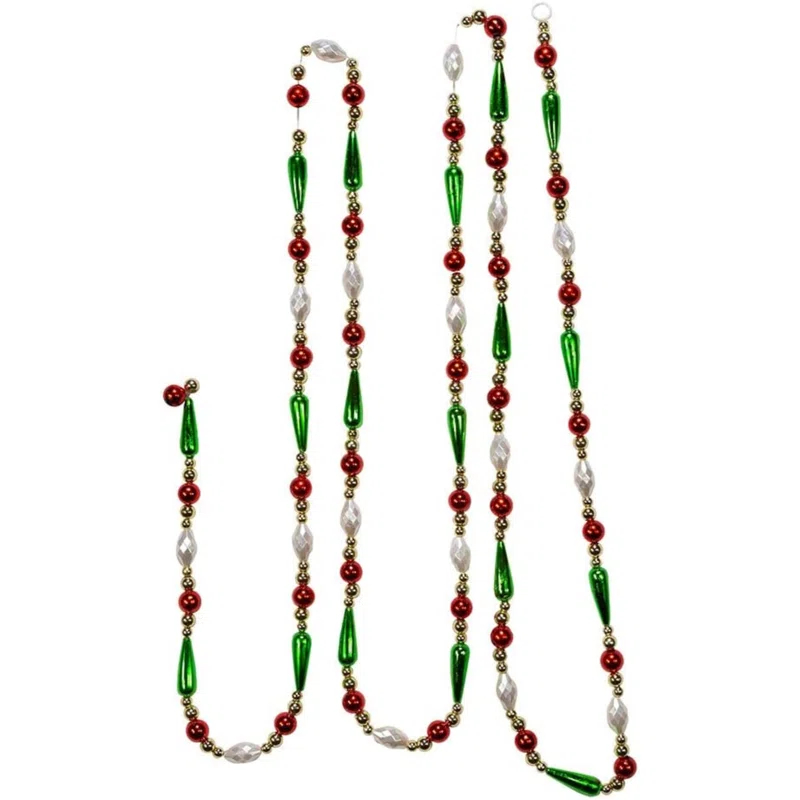 Kurt Adler Kurt Adler Gold, Red, Green and White Round Bead with Water Drop Beaded Garland, 9 Ft