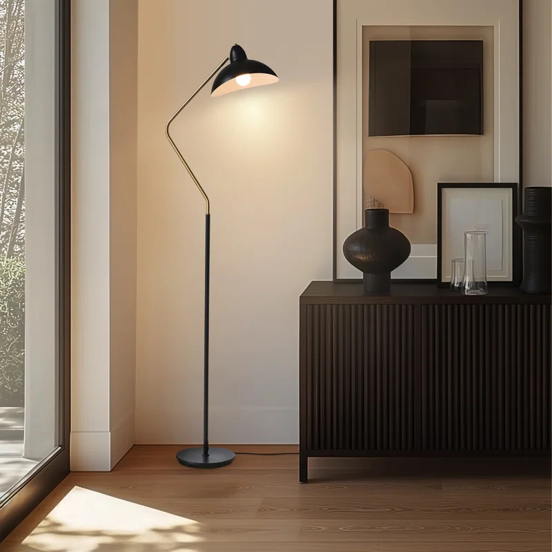 Brightech Swoop 69 in. Mid Century Modern Adjustable Curved Black Standing Lamp with Metal Bowl Shade and Gold Finish - LED Bulb Included