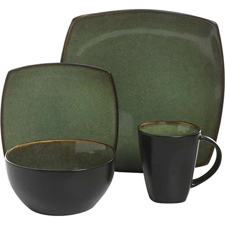 Gibson Soho Lounge Square 16-Piece Stoneware Dinnerware Set - Green