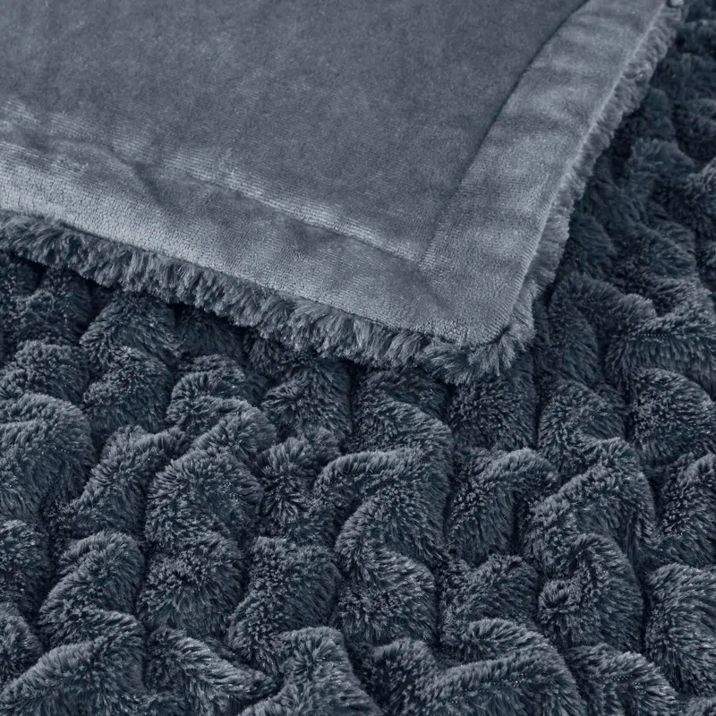 Madison Park Slate Blue Ruched Fur Throw 50x60"