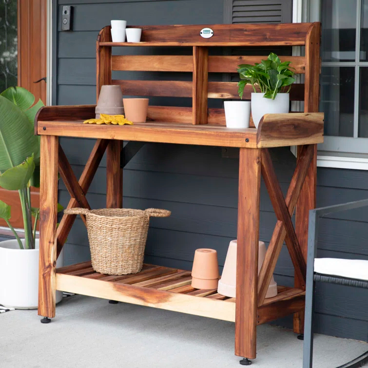 Backyard Discovery Backyard Discovery Acacia Wood Garden Potting Bench & Serving Bar with Lower Storage Shelf
