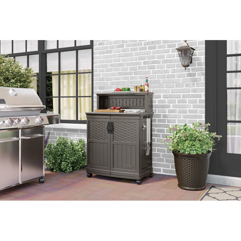 Suncast Patio Plastic Storage and Prep Station with Wicker Pattern, Stoney Gray