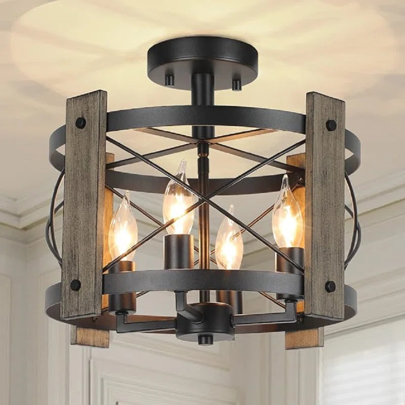 Williston Forge Farmhouse Rustic Light Fixture Ceiling Mount, Semi Flush Mount Ceiling Light Fixture, 4-Light Black Industrial Retro Washed Ceiling Light For Kitchen Dining Room Bedroom Hallway Bathroom