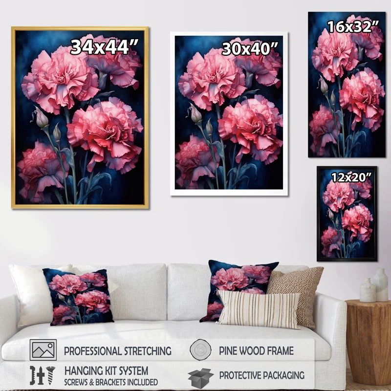 Design Art " Pink Carnation On Navy Blue Ink "