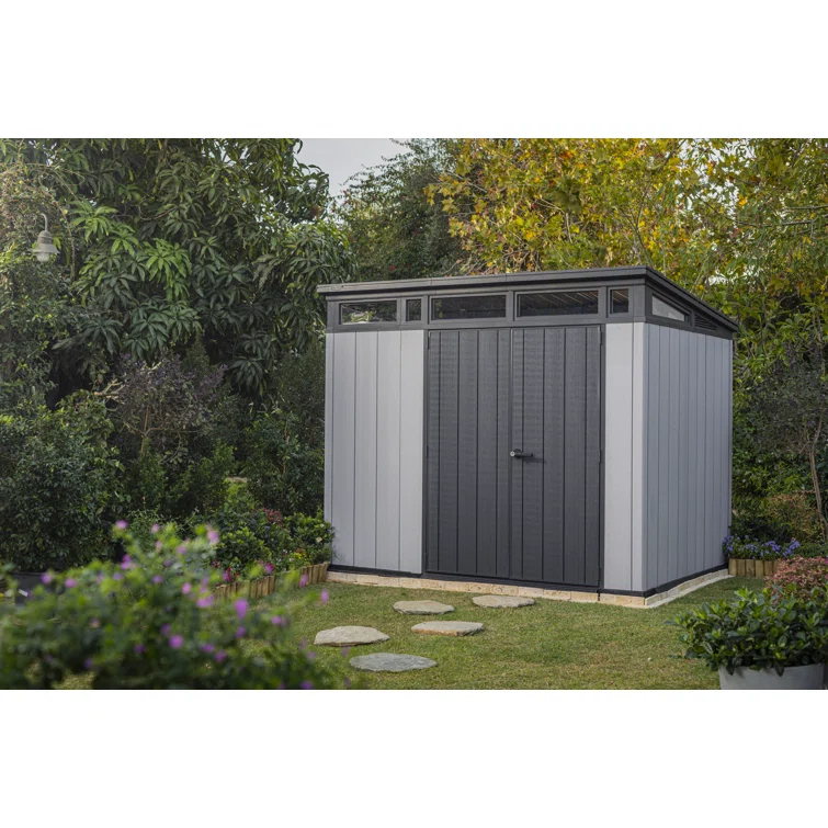 Keter Keter Artisan 9x7 ft. Modern Durable Resin Outdoor Storage Shed With Floor and Double Doors for Garden Patio Furniture and Tools, Grey