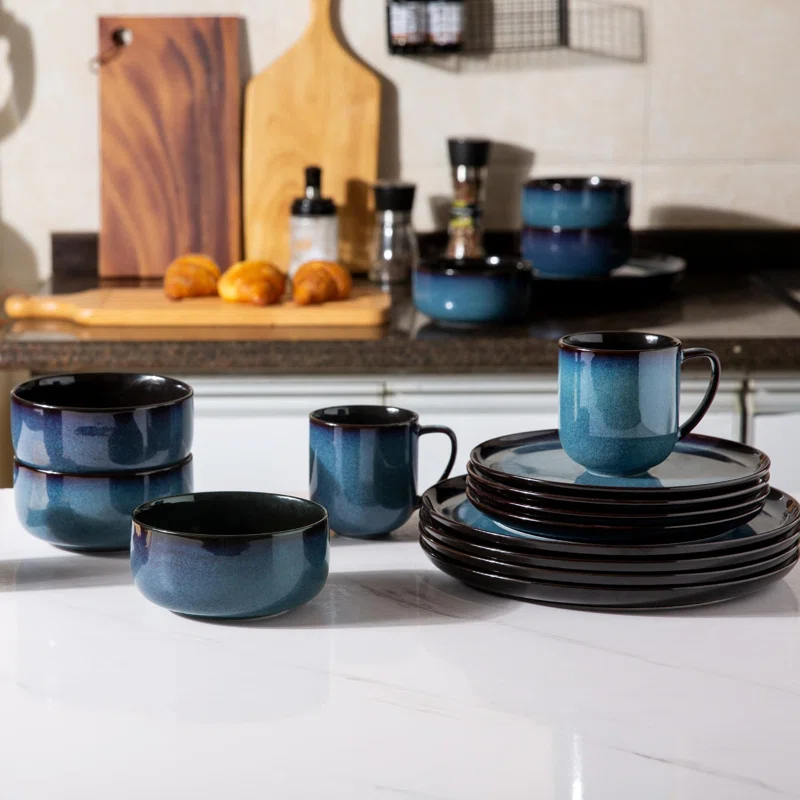 Tableware Set Of 4, Plates And Bowls Set, Handmade Reactive Glaze Cutlery Set, Chip And Scratch Resistant | Oven, Dishwasher And Microwave Safe, Set Of 4 Blue