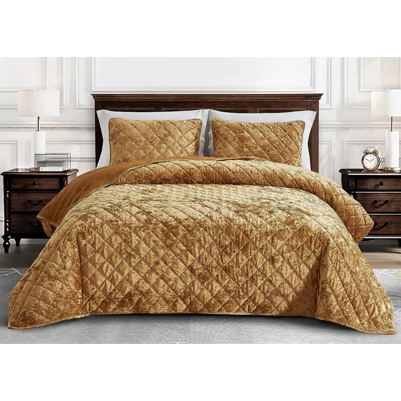 Chezmoi Collection Diamond Stitch Reversible Plush Distressed Velvet Quilt Set