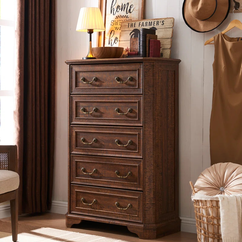 Laurel Foundry Modern Farmhouse® Theron Farmhouse 5 Drawer Bedroom Dresser, Wood Tall Chest of Drawers, Closet Storage for Bedroom