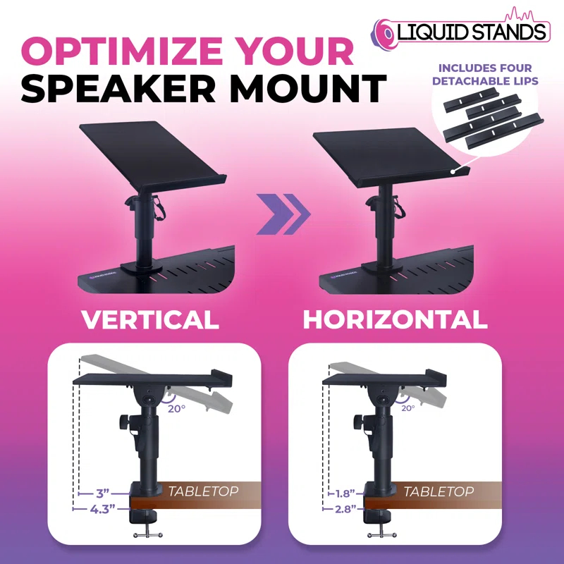 Music Studio Monitor Stands Clamp-on Desk Speaker Mount - 2 Pack