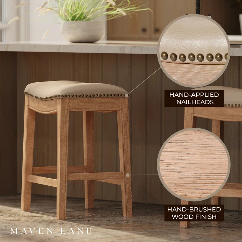 Maven Lane Adrien Saddle Kitchen Counter Stool in Weathered Oak w/ Avanti Bone Vegan Leather