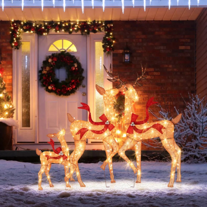 World Menagerie 3 Pcs Large Lighted Christmas Reindeer Family With 440 Led Lights & Bows Buck