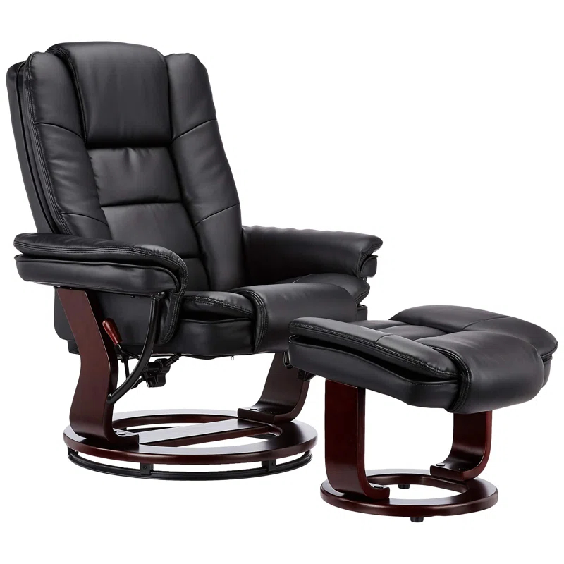 Snugway 32" Contemporary Leather Recliner and Ottoman with Swiveling Mahogany Wood Base