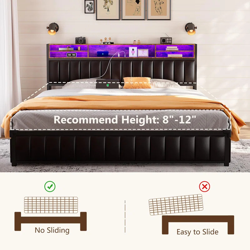Kanchi Upholstered Metal Platform LED Bed Frame with 4 Storage Drawers and Bookcase Headboard, Black