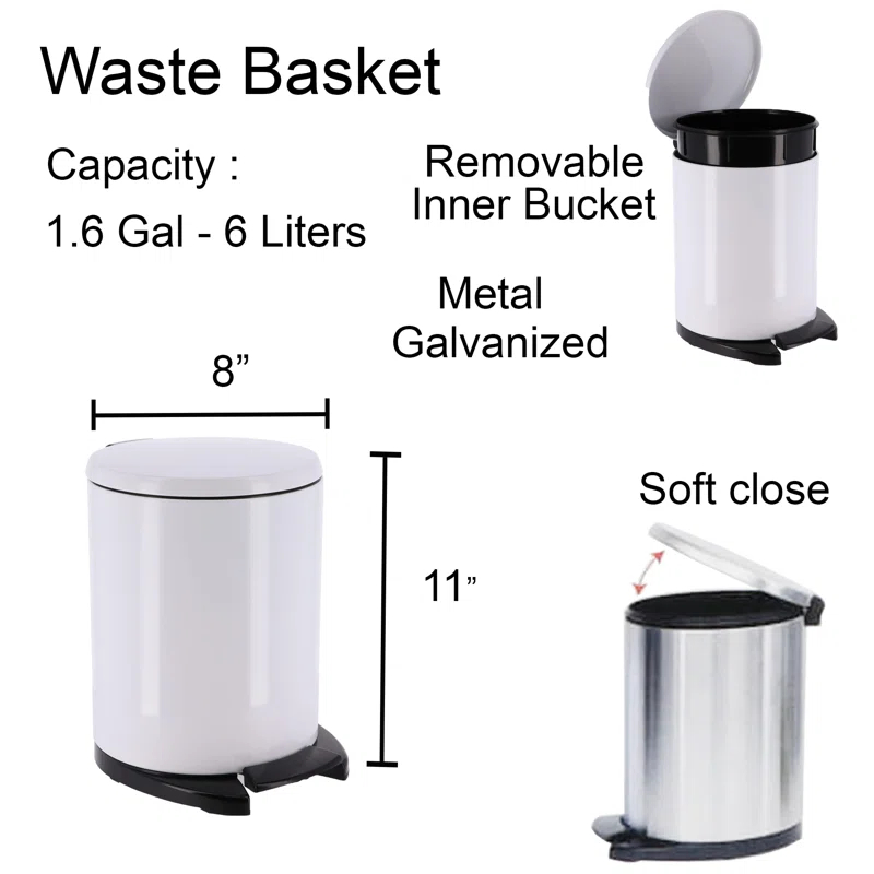 Evideco Soft Close Lid Round Metal Step on Trash Can Waste Basket  6-liters-1.6-gal.