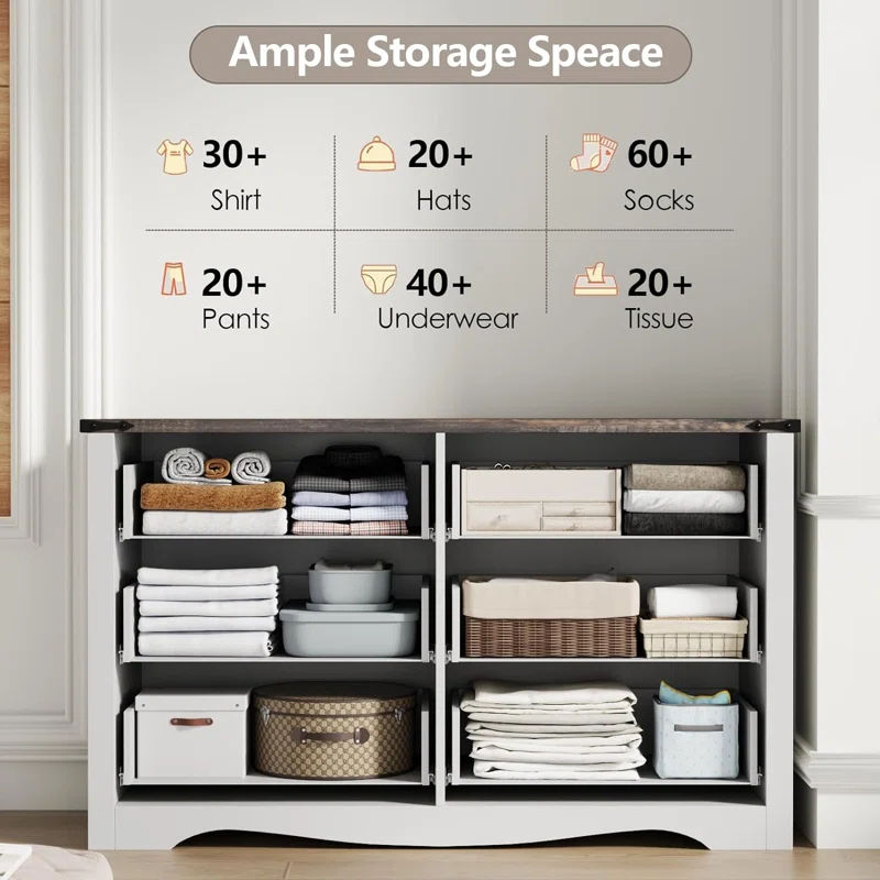 Coulten 6 Drawer 46.4" W Farmhouse 6 Drawers Double Dresser for Bedroom, Modern White Dresser Chest of Drawers, Wide Dressers Organizer, Accent Storage Cabinet for Closet, Living Room, Hallway