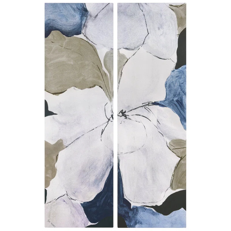 "Floral Serenity I & II", Flower Abstract Artwork on Silver Shagreen Wrapped Canvas Wall Art Set