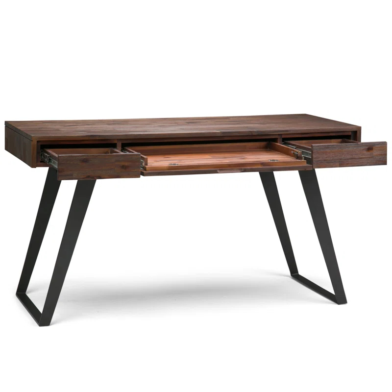 Simpli Home Lowry Solid Acacia Wood Desk, Industrial Style with Keyboard Tray and 2 Drawers