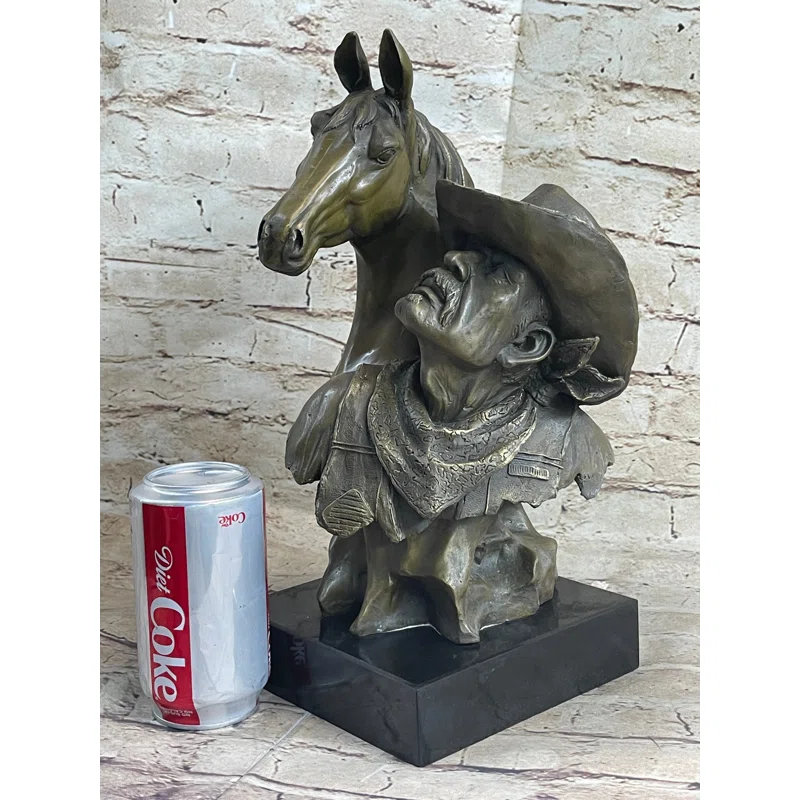 Canora Grey Thailan Western Art Old West Cowboy With Horse Bronze Bust Sculpture Marble Statue Decor