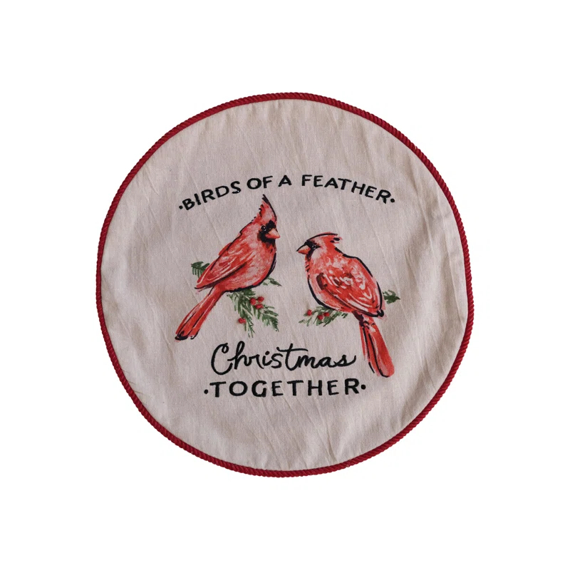 Creative Co-Op Round Cotton Printed Pillow With Cardinals, Embroidery And Corduroy Back "Birds Of A Feather, Christmas Together"