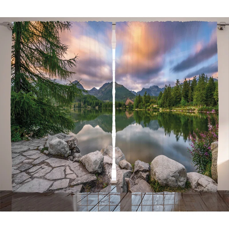 Ambesonne View with Tree on Lake Decor Graphic Print Semi-Sheer Rod Pocket Curtain Panels (Set of 2)