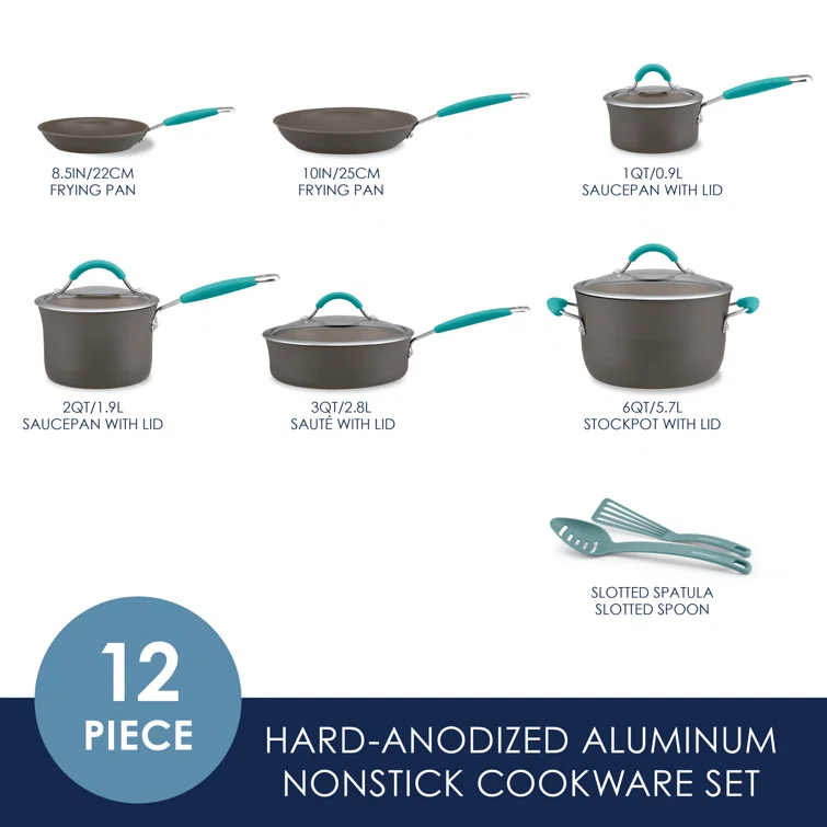 Rachael Ray Rachael Ray Cucina Hard-Anodized Aluminum Nonstick Cookware Pots and Pans Set, 12 Piece