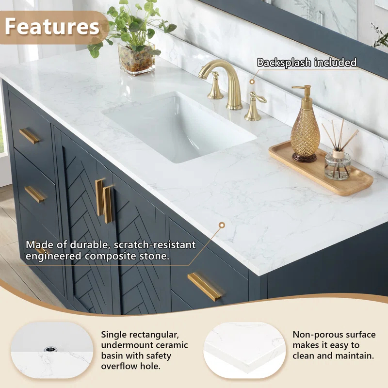 Altair Ceres 61" Engineered Stone Single Bathroom Vanity Top with Sink