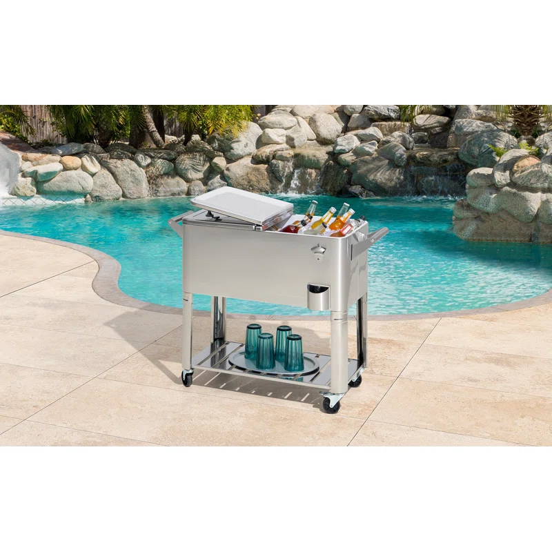 Sunjoy Sunjoy 80 Quart Patio Cooler Cart Stainless Steel Rolling Ice Chest With Steel Bottle Opener, Shelf And Lockable Wheels