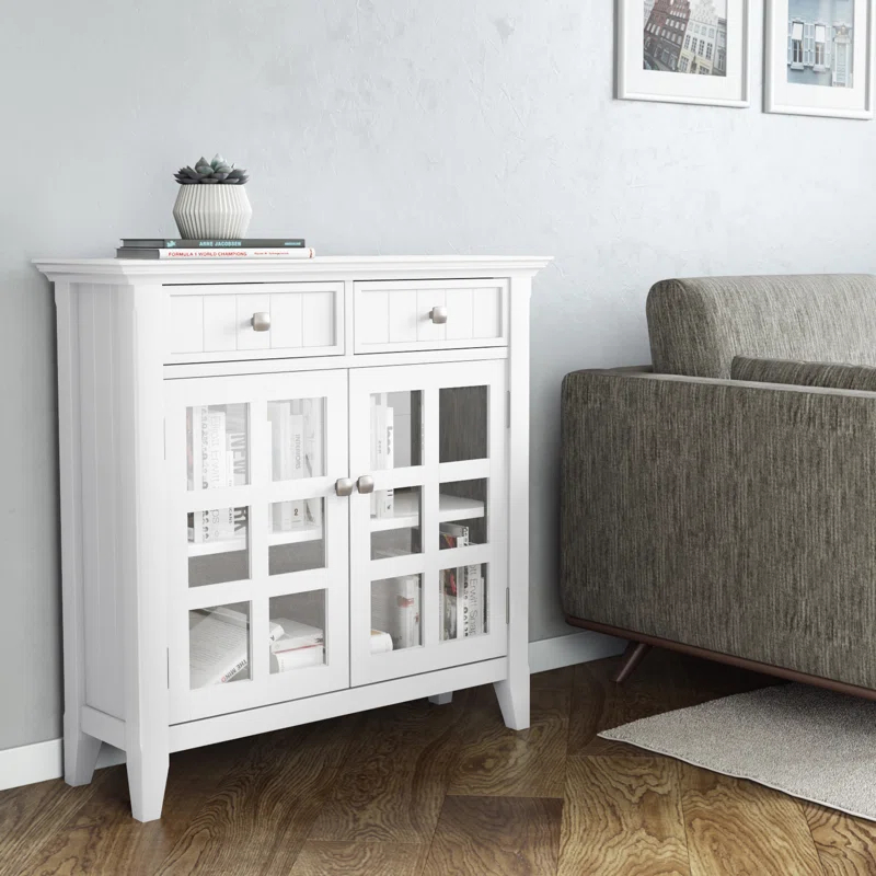 Simpli Home Acadian 36"W Solid Wood 2-Shelf Entryway Storage Cabinet with Glass Doors and 2 Drawers
